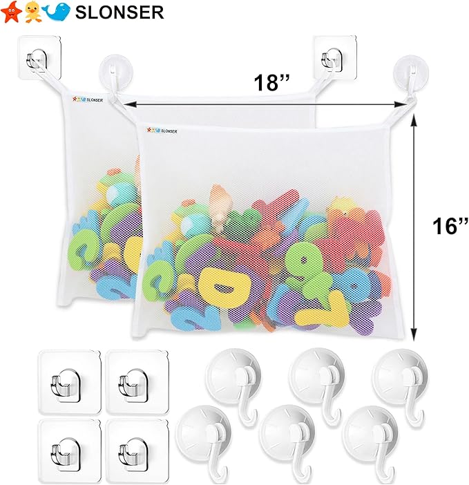 Bath Toy Net for Tub – Large Bath Toy Storage, Mesh Bath Toy Holder for Bathtub, Quick Dry Bathroom Bag for Kids Shower, Hanging Basket Organizer with Strong 6 Suction Cups 4 Adhesive Hooks, 2 Pack
