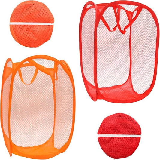 2Pcs Small Laundry Hampers, Folding Popup Mesh Laundry Basket, Collapsible Dirty Clothes Hamper, Portable Mesh Popup Hamper, Ideal for Bedroom, Travel and Home Use (Red & Orange)