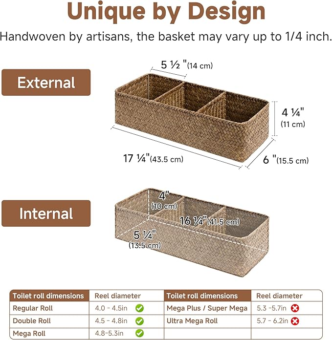StorageWorks Toilet Paper Basket for Back of Toliet，Basket with 3 Enlarged Compartments, Seagrass Toilet Paper Storage Baskets, 17¼" x 6" x 4¼", Brown, 2-Pack