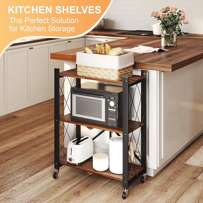3 Tier Vintage Multifunctional Folding Shelf with Wheels, Portable Heavy Duty Storage Shelving, No-Assembly Folding Bookshelf, Metal Collapsible Rack Unit for Kitchen, Office, Bedroom, Rustic Brown