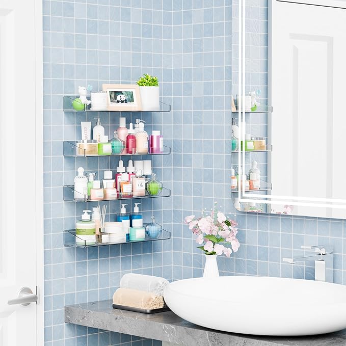 Yieach 4 Pack Clear Shower Shelves for Tile Walls,Adhesive Acrylic Bathroom Shelves Organizer and Storage,No Drill Acrylic Shower Wall Caddy & Shelf,Floating Shelves for Makeup,Perfume,Shampoo Holder