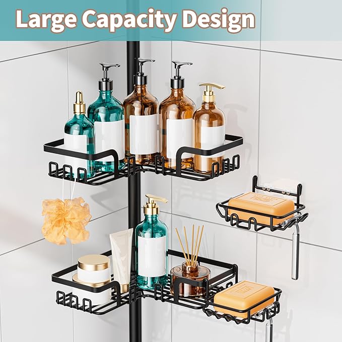 KEGII 2-in-1 Soap Holders x 2 & 32 Hooks Shower Caddy Tension Pole, Stainless Steel Adjustable Corner Shower Organizer for Bathroom, 25–114.2 Inches, Black