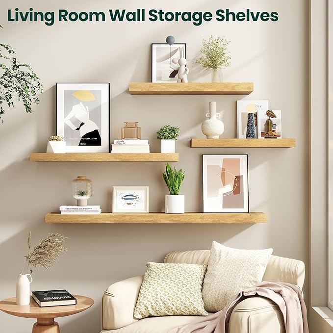 Floating Shelves for Wall 40 in x 9.3 in Deep, Wall Mounted Rustic Wood Shelf with Invisible Brackets for Storage & Display, Living Room Bedroom Bathroom, Oak, 2 Pack