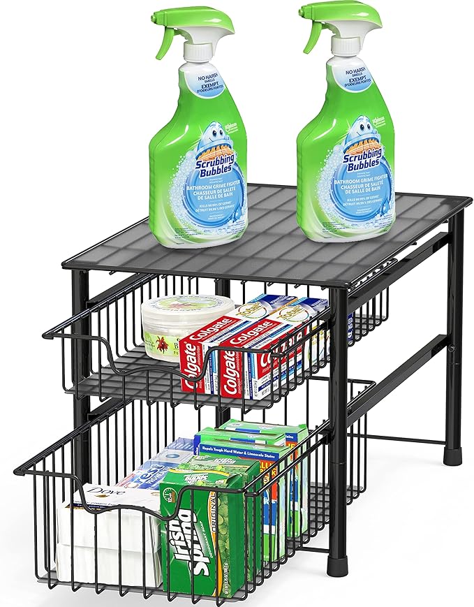 Simple Houseware Stackable Sliding Basket Organizer Drawer, Black, 2-Tier