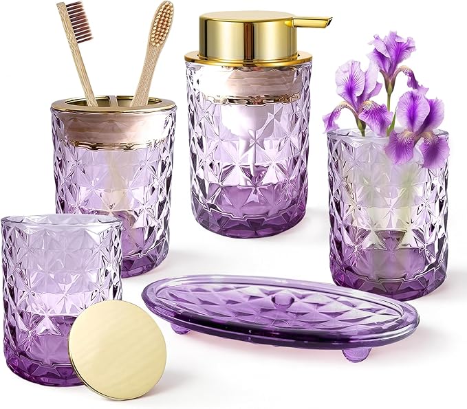 5PCS Bathroom Accessory Set,Purple Bathroom Countertop Organizer Set with Soap Dispenser, Toothbrush Holder, Tumbler, Q-tip Holder & Soap Dish,Elegant Functional Glass Set, Gift for Home & Apartment