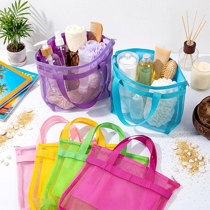 Tudomro 12 Pcs Mesh Shower Bag Caddy Tote Portable Quick Dry Tote Bag Lightweight Hanging Toiletry Bath Organizer for College Dorms Gym Swimming Beach Travel Games Sports (6 Colors)