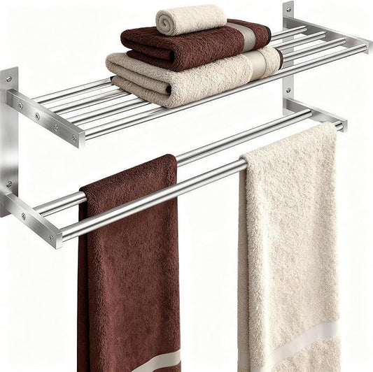 Towel Racks for Bathroom 24 inch, 2 Tier Bathroom Shelf with Double Towel Bar, Stainless Steel Wall Mounted Towel Rack with Shelf for Bathroom Towels Storage, Brushed Nickel