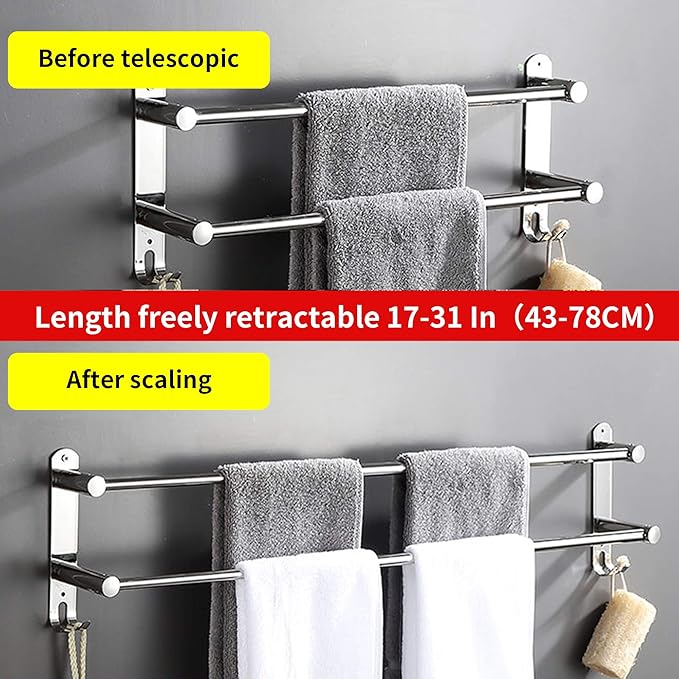 Towel Bars Freely Retractable 20-30 Inche Stainless Steel 304 Bath Towel Rack Strong 3M Adhesive Bathroom Wall-mounting Free mounting Hole-Installing washroom Kitchen Space Saving (2 Bars)