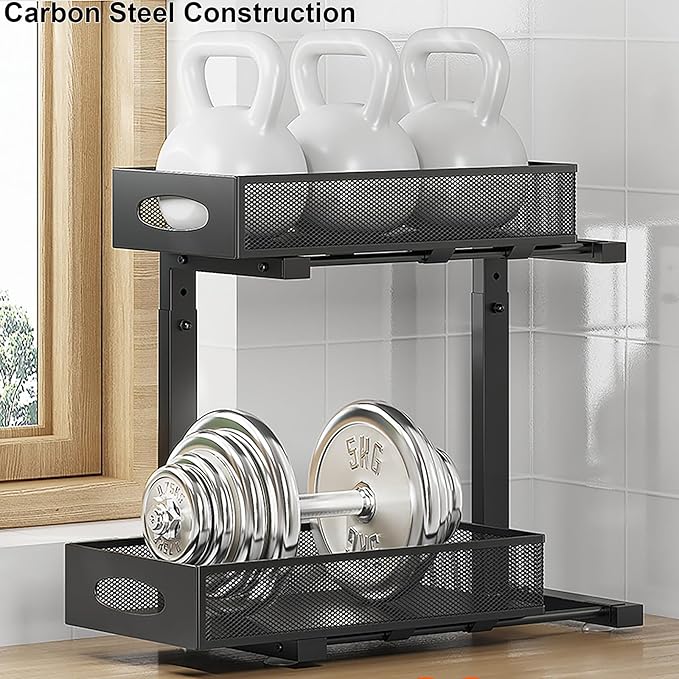2 Pack Under Sink Pull Out Organizer, 2-Tier Adjustable Height Carbon Steel Storage Rack for Kitchen and Bathroom Cabinet, Black