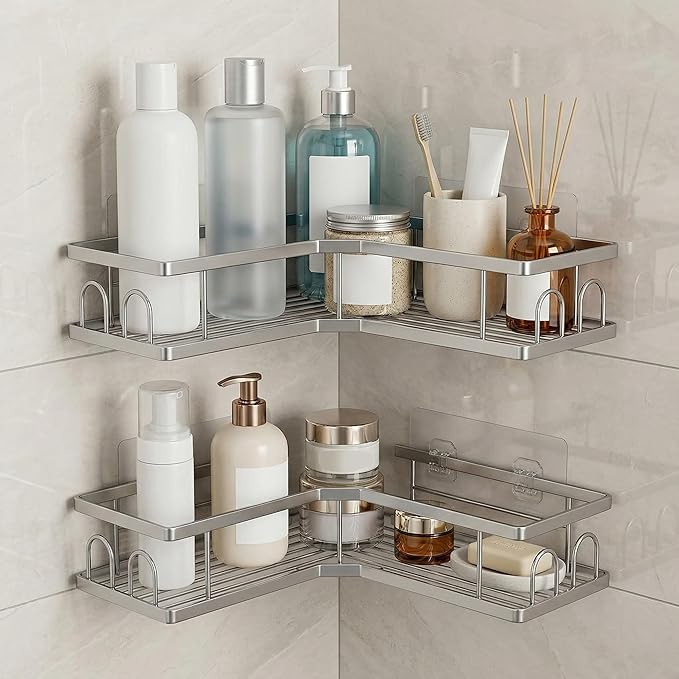 2 Pack Corner Shower Caddy, Adhesive Shower Organizer No Drilling Bathroom Shelves, Carbon Steel Storage Rack with 8 Hooks, Silver