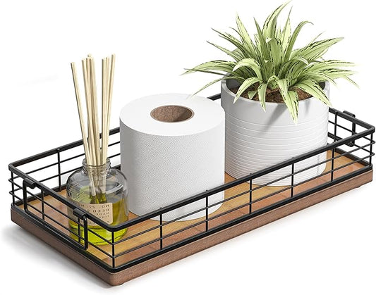 Acacia Toilet Paper Basket, 13 Inch Tank Tray Top of Toiletries Storage Organizer for Bathroom, Living Room and Kitchen (Acacia & Black)