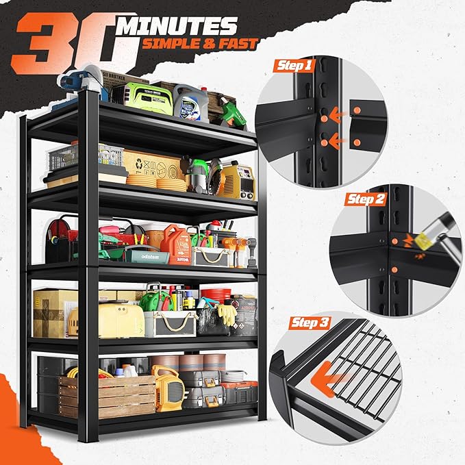 Garage Shelving, 5-Tier Garage Storage Shelves, 2000LBS Heavy Duty Shelves, 72" H x 59" W x 19.6" D Metal Shelving Unit, Utility Adjustable Storage Shelf for Warehouse, Basement, Closet