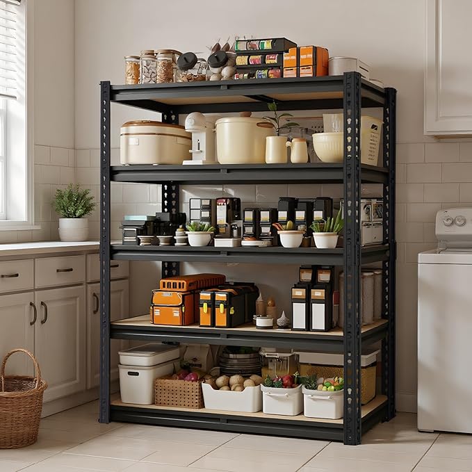 Storage Shelving Unit, 5 Tier Garage ShelvesHeavy Duty, Adjustable Metal Shelving Unit,2400LBS Black forPantry, Basement, Warehouse, Kitchen, Pantry and Closet,72" H