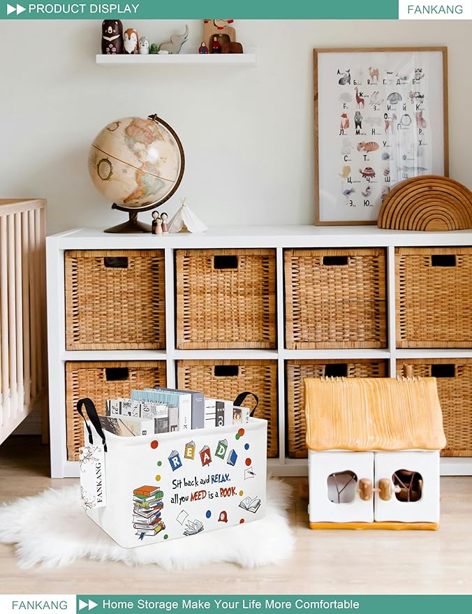 Storage Bins, Nursery Hamper Canvas Laundry Basket Foldable with Waterproof PE Coating Large Storage Baskets for Kids Boys and Girls, Office, Bedroom, Clothes,Toys(Rec-Reading ）