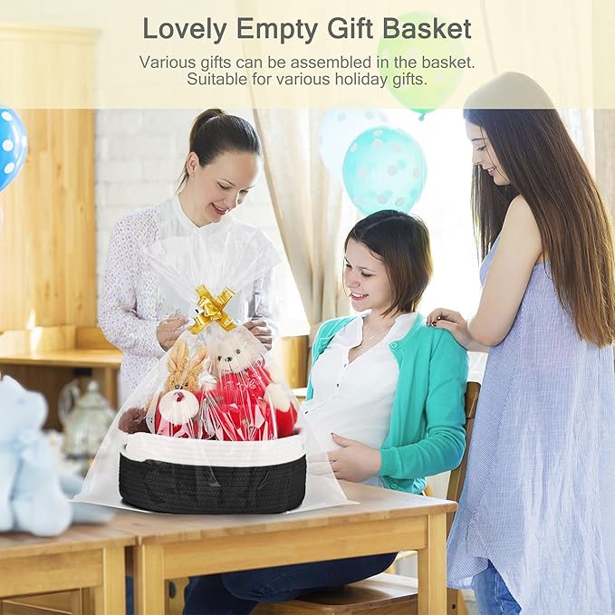 Small Woven Basket with Gift Bags and Ribbons, Empty Baby Gift Baskets for Kids Women Men, Shelf Storage, Small Cat Dog Pet Toy Boxes, 13”x 9”x 5.5”, Black
