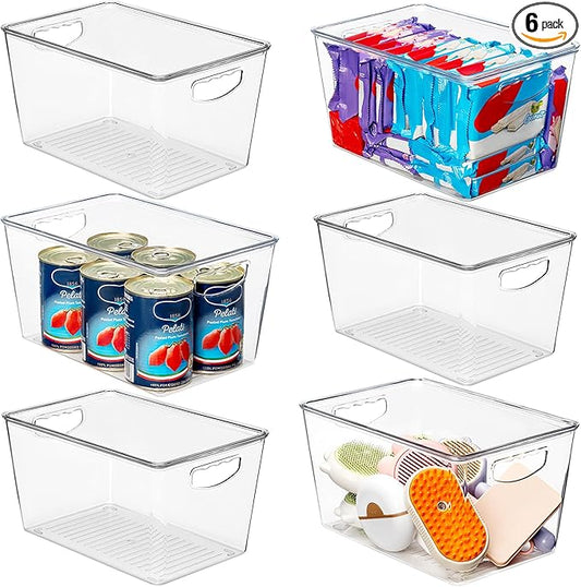 theaoo Clear Storage Bins with Lids Stackable - Large Plastic Containers for Pantry Organization and Storage - Perfect for Kitchen,Fridge,Laundry Room,Bathroom,Garage,Closet,Cabinet Organizer - 6 Pack