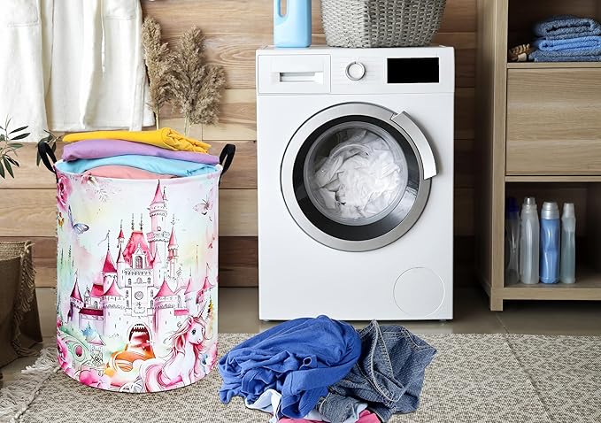 Round Castle Pattern Laundry Hamper Clothes Storage Basket Fabric Storage Hamper Organization Storage Bin, Nursery Box,Gift Basket with Handles