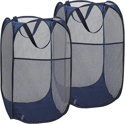 2 Pack Pop Up Laundry Hampers, Collapsible Mesh Laundry Basket, Foldable Clothes Hampers for Bathroom, College Dorm, Travel (Navy Blue)