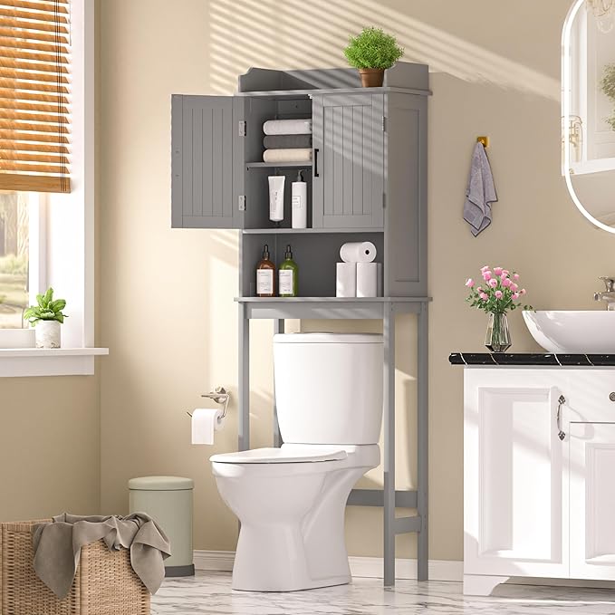 Yardenaler Over-The-Toilet Storage Shelf with Doors, Bathroom Freestanding Organizer Space Saver with Adjustable Shelf, Gray