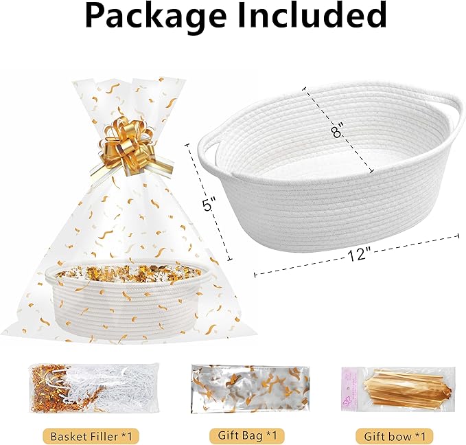 SUNCOLOR Small Woven Gift Basket Set with Cut Paper Shred Filler, Pull Bow & Cellophane Bag, 12x8x5 Inch Durable Cotton Rope Storage Basket for Easter, Baby Shower, Birthday, Holidays