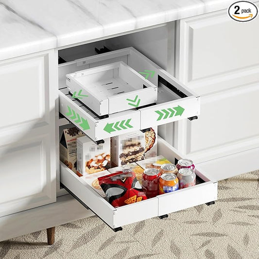 2 Pack Pull out Cabinet Organizer, Width (10"-15") Depth (11"-17"), with 3 Rails Adjustable Slide, Expandable Drawers for Cabinets, No Drill Adhesive Kitchen Drawers for Pantry Shelves white