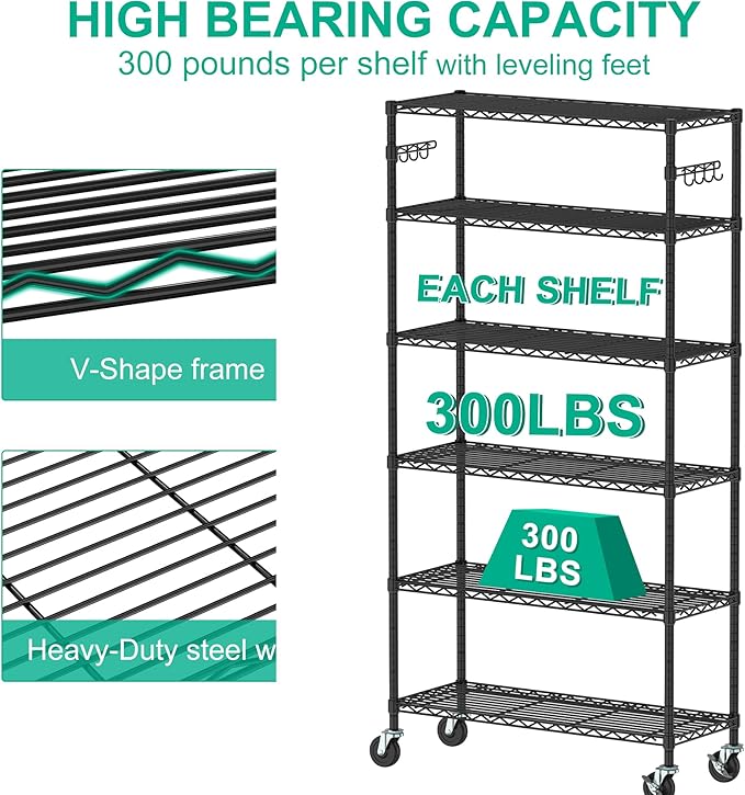 Folews 6-Tier Metal Storage Rack with Wheels, NSF Sturdy Adjustable Wire Shelving Unit for Garage Kitchen Pantry Laundry Room, 36" W x 14" D x 75" H Large Rolling Organizer Shelf Easy Assembly, Black