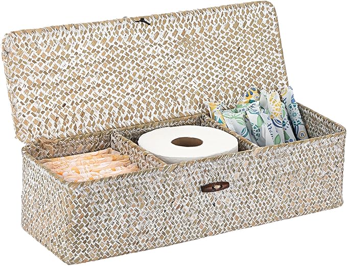 Sumnacon Extended Seagrass Storage Basket with Lid 3-Section Wicker Storage Basket,Small Woven Shelf Basket for Toiletries Tampon Storage,Seagrass Basket for Shelf Bathroom Toilet Counter,Whitewash