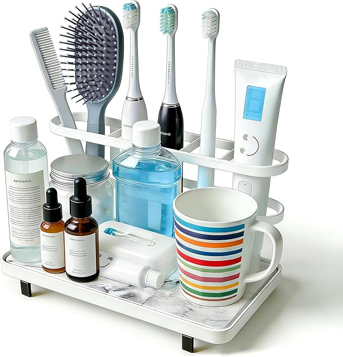 Diatomite Toothbrush Holders for Bathrooms, 5 Slots Electric Toothbrush Organizer with Instant Drying Stone, Toothpaste Holder and Storage for Countertop, Bathroom Counter Organizer White