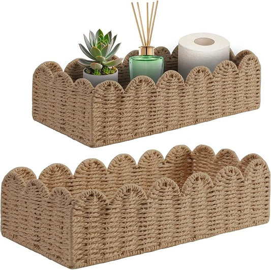 2 Pack Scalloped Wicker Toilet Paper Storage Basket, Handwoven Paper Rope Basket Organizer for Toilet Tank & Shelves, Decorative Woven Storage Bin for Living Room, Bedroom & Entryway, Beige