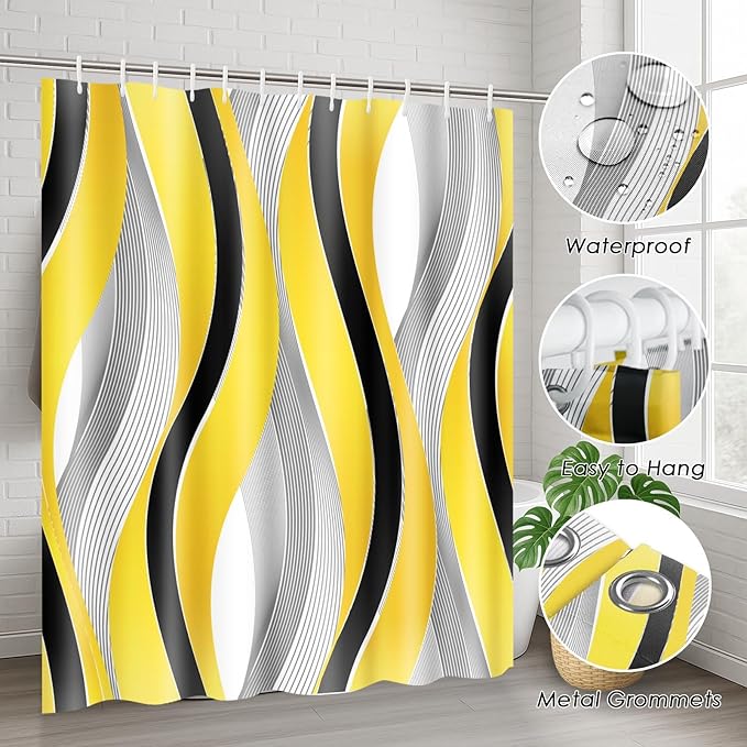 Yellow Striped Shower Curtain Set with Toilet Lid Cover and Non-Slip Rugs for Bathroom, Grey and Black Geometric Lines 4 Pcs Shower Curtain, Modern Yellow Bathroom Set with 12 Hooks