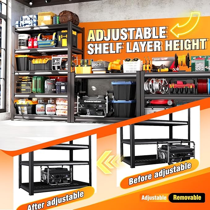 3Pack Storage Shelves,2500LBS Garage Shelving,Adjustable Garage Shelves,Heavy Duty Metal Shelving, 5 Tier Wood Utility Steel Shelf, Shelving Units and Storage Rack fo Kitchen Pantry Laundry
