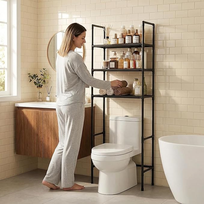 Renyqatt Over the Toilet Storage, 3-Tier Bathroom Organizer, Freestanding Above Toilet Shelf with Adjustable Feet, Space Saving, Easy Assembly, Carbon Steel Shelf, 61" H, Black