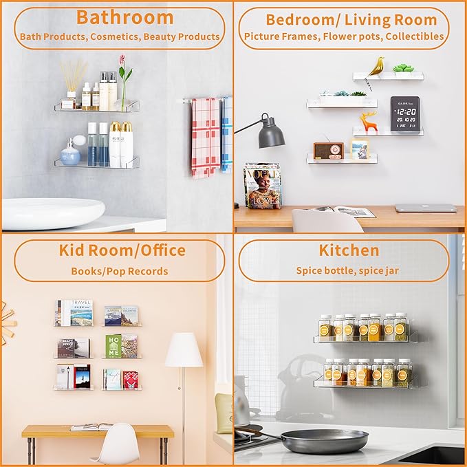 Yieach Clear Acrylic Shelves for Wall with Adhesive,4 Pack 15" Floating Shelves for Bedroom,Room or Bathroom Wall Organizer,Wall Storage & Display Shelf for Funko Pop,Lego,Action Figures,Perfume Shelf