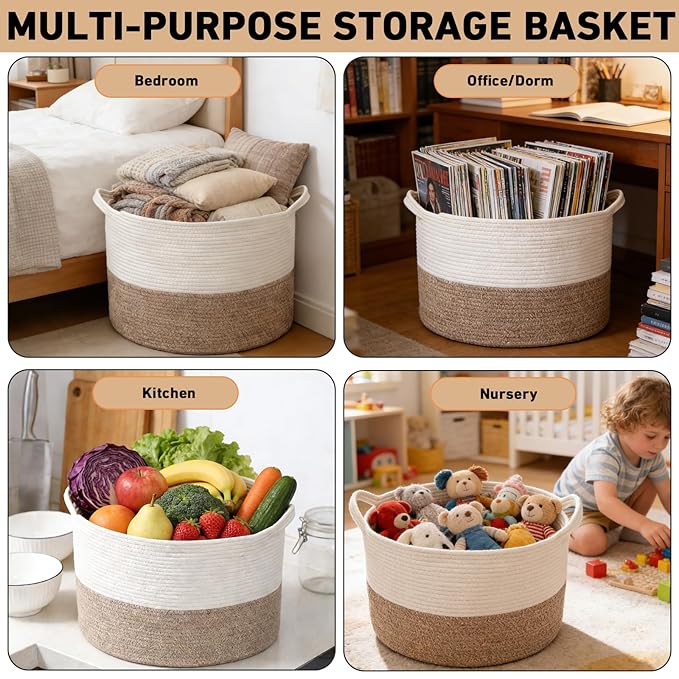 115L Extra Large Blanket Basket,Woven Rope Laundry Basket Hamper with Handles, Decorative Nursery Basket Storage Bin for Toys, Clothes Organizer, Living Room, Bedroom, Bathroom, White & Brown