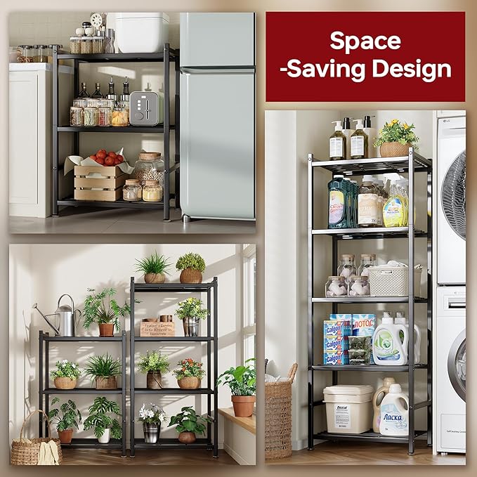 Storage Shelves, 5-Tier Metal Shelving Unit with Adjustable Feet, Compact Shelf Organizer for Garage, Kitchen, Pantry and Closet Organization,11.8" x 17.7" x 56.3", Black