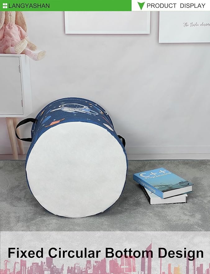 Laundry Basket Canvas Fabric Collapsible Organizer Basket for Storage Bin Toy Bins Gift Baskets Bedroom Clothes Children Nursery Hamper (Blue Space Astronaut)