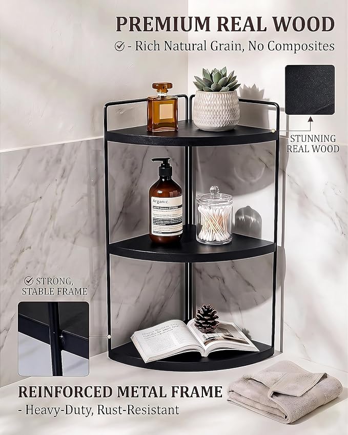 3-Tier Corner Bathroom Countertop Organizer, Solid Pine Wood Vanity Corner Shelf for Skincare & Makeup, Waterproof Standing Rack for Bathroom, Vanity, Kitchen & Dresser, Large 15.7"H, Black