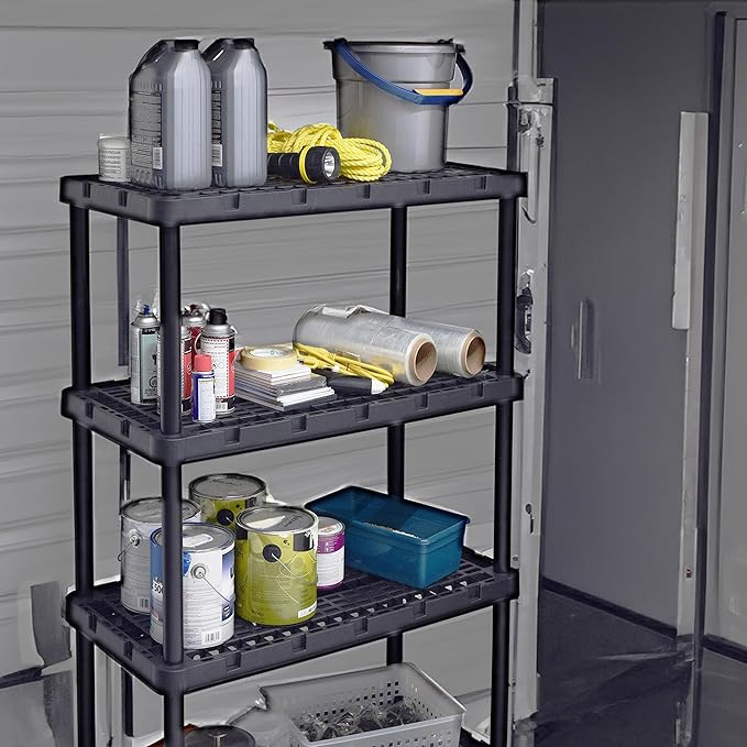 Gracious Living 4 Pack Heavy-Duty Storage Shelves, Knect-A-Shelf 4-Shelf Ventilated Storage Shelving Rack for Home Organization, Black