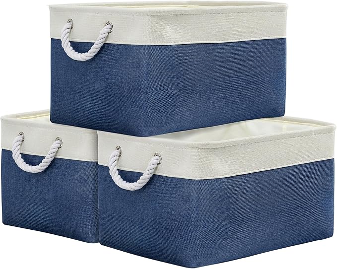 TheWarmHome Organization and Storage Basket for Organizing - X Large 3 Pack 17.7L×13.8W×9.8H in Collapsible Storage Bin for Shelves, Basket for Gifts Empty Toys Organizer Gift (White & Jean Blus)