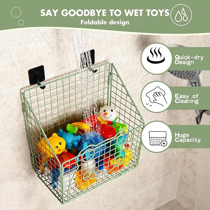 Greentainer Bath Toy Storage Organizer, Large Rustproof Metal Wire Basket, Foldable Wall Mounted Hanging Bathtub Toy Holder with Drainage, No Drilling Adhesive Shower Caddy for Bathroom Tub