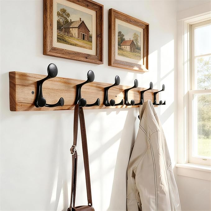 SKOLOO 36-Inch Wood Coat Rack Wall Mount with 6 Triple Hooks - Ideal for Family Entrances, Classrooms, and Pet Supplies Storage - Perfect Coat Hooks for Wall, Black on Natural