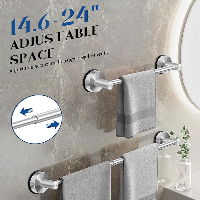 Adjustable Suction Cup Towel Bar for Bathroom Wall, 14.6–24 Inches Brushed Nickel Towel Bar, Stainless Steel Bath Towel Holder, Towel Racks for Bathroom Shower (Brushed Nickel, 2 Pack)
