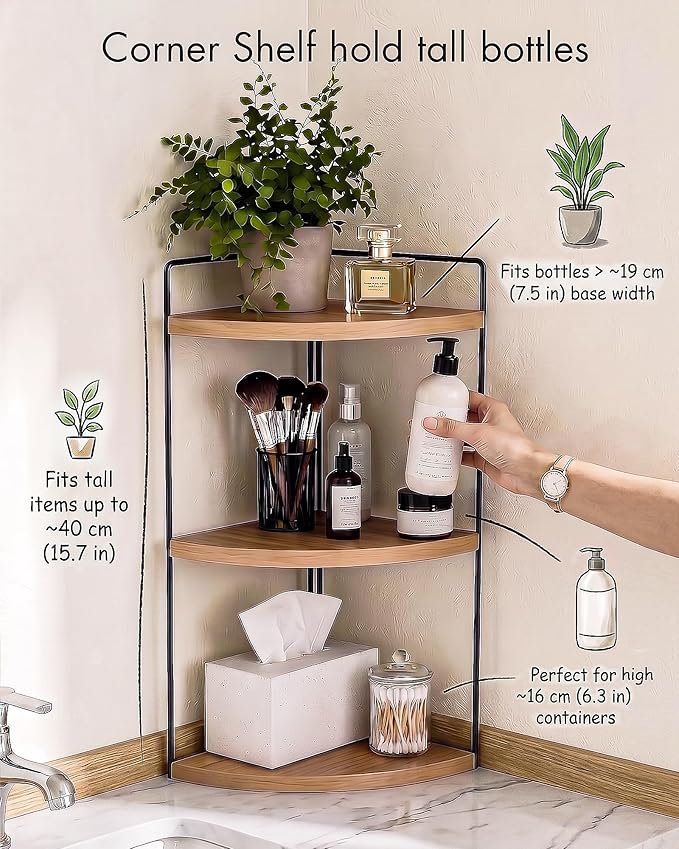 3-Tier Corner Bathroom Countertop Organizer, Solid Pine Wood Vanity Corner Shelf for Skincare & Makeup, Waterproof Standing Rack for Bathroom, Kitchen & Dresser, Large 15.7" H, Natural Wood