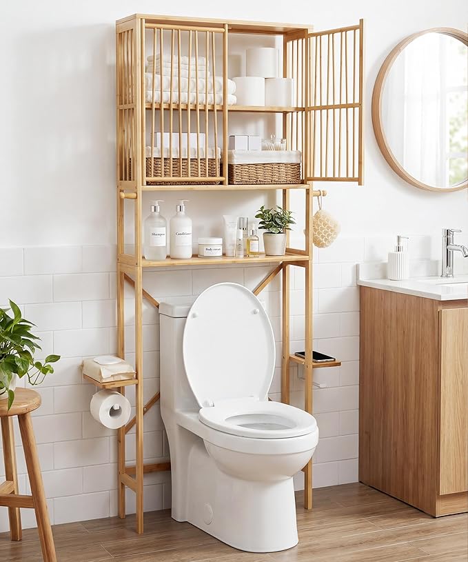 Afuly Bamboo Over the Toilet Storage Cabinet with Doors Bathroom Shelves Over Toilet Organizers and Storage, Above Toilet Shelf with Paper Holder, Phone Stand and Hooks, Space Saver (Natural)