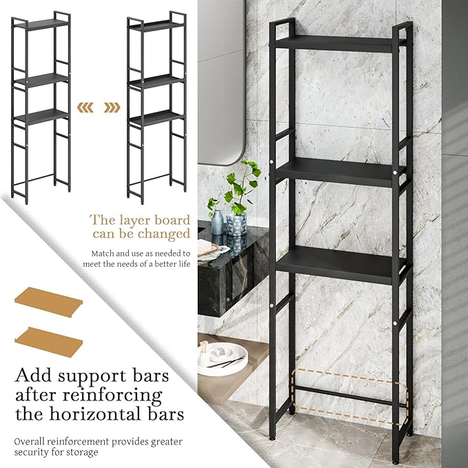 1 Set Over The Toilet Storage, 3-Tier Bathroom Laundry Storage Rack Space-Saving Organizer Household Supplies (Black-S)