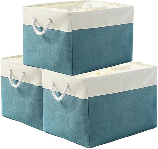 TheWarmHome Storage Bin for Shelves - Extra Jumbo 3 Pack 20.5L×15.7W×13.8H Storage Basket for Organizing, Fabrin Storage cubes with Drawstring Cover for Living Room Bedroom Decor Closet（White & Green