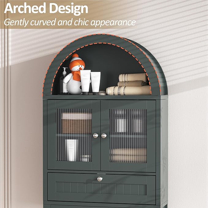 Spurgehom Over The Toilet Storage Cabinet, Bathroom Shelf Organizer Freestanding, Bathroom Arch Cabinet Over Toilet with Glass Door and Anti-Tipping Device, Green