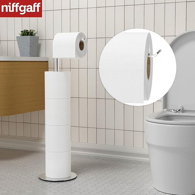 Toilet Paper Holder Stand and Dispenser for 4 Spare Rolls, Stainless Steel Free-Standing Toilet Tissue Paper Roll Storage Shelf