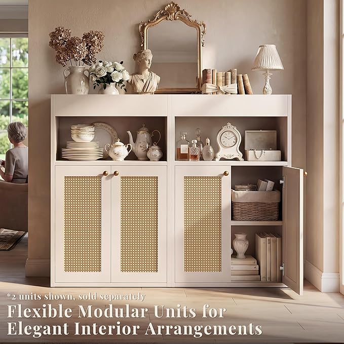 Bathroom Storage Cabinet, Rattan Freestanding Floor Organizer with Anti-Tip Devices and Adjustable Shelf, Small Cabinet for Bathroom, Kitchen, Living Room, White