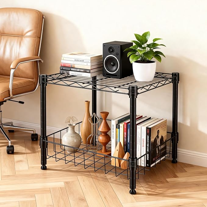 2-Wire Shelving Unit, Multi-Tier Stackable Metal Storage Shelves, Versatile Utility Shelves & Wire Rack for Garage Shelving, Pantry Shelves, Office, Living Room, Garage,Black